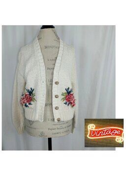 Vintage 90s Floral Knit Cardigan Small Cream Liz Sport